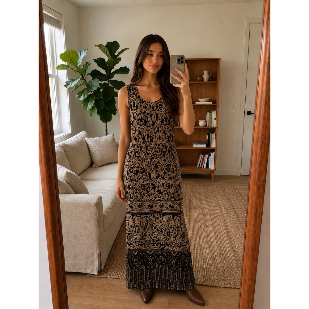 Vintage 90s Maxi Dress 8 Tan Black Smocked Paisley Sleeveless Boho Whimsigoth